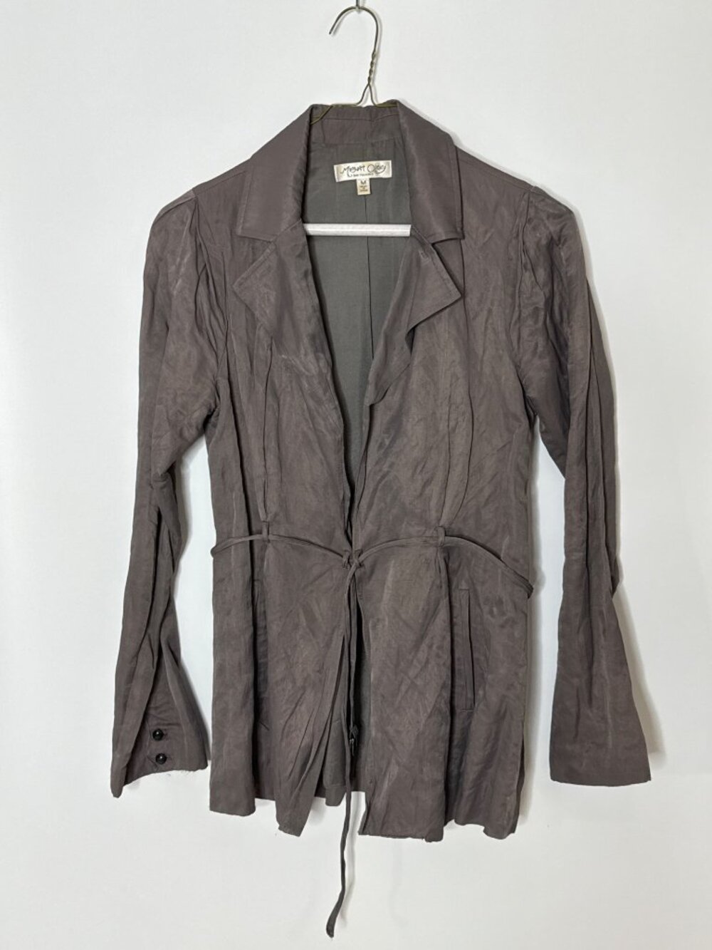 Margaret O'Leary Metallic Gray Shimmery Crinkle Belted‎ Jacket Pockets Medium